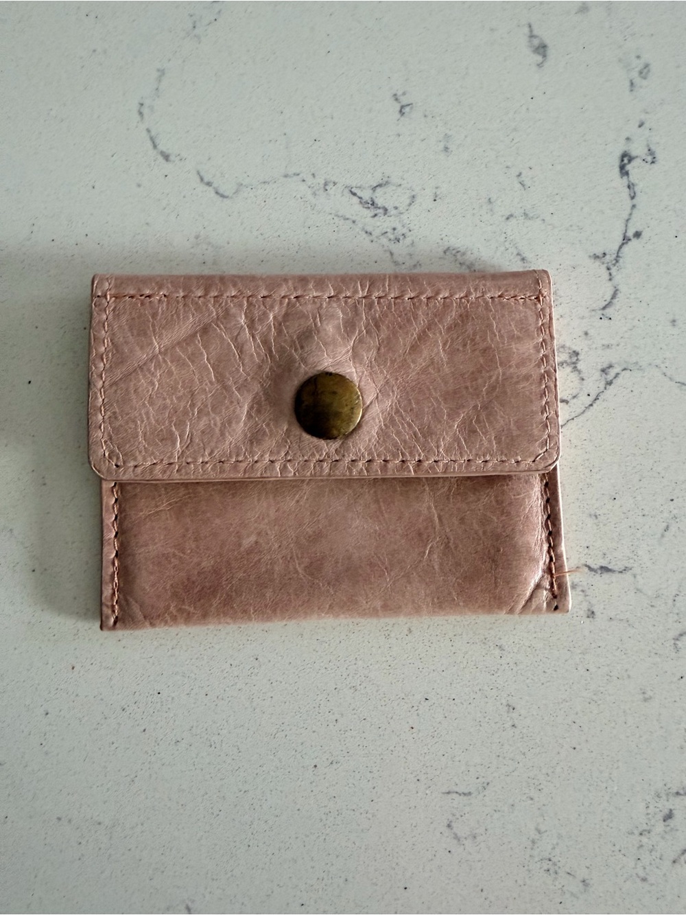 Leather Card Wallet in Dusty Pink with Brass Snap